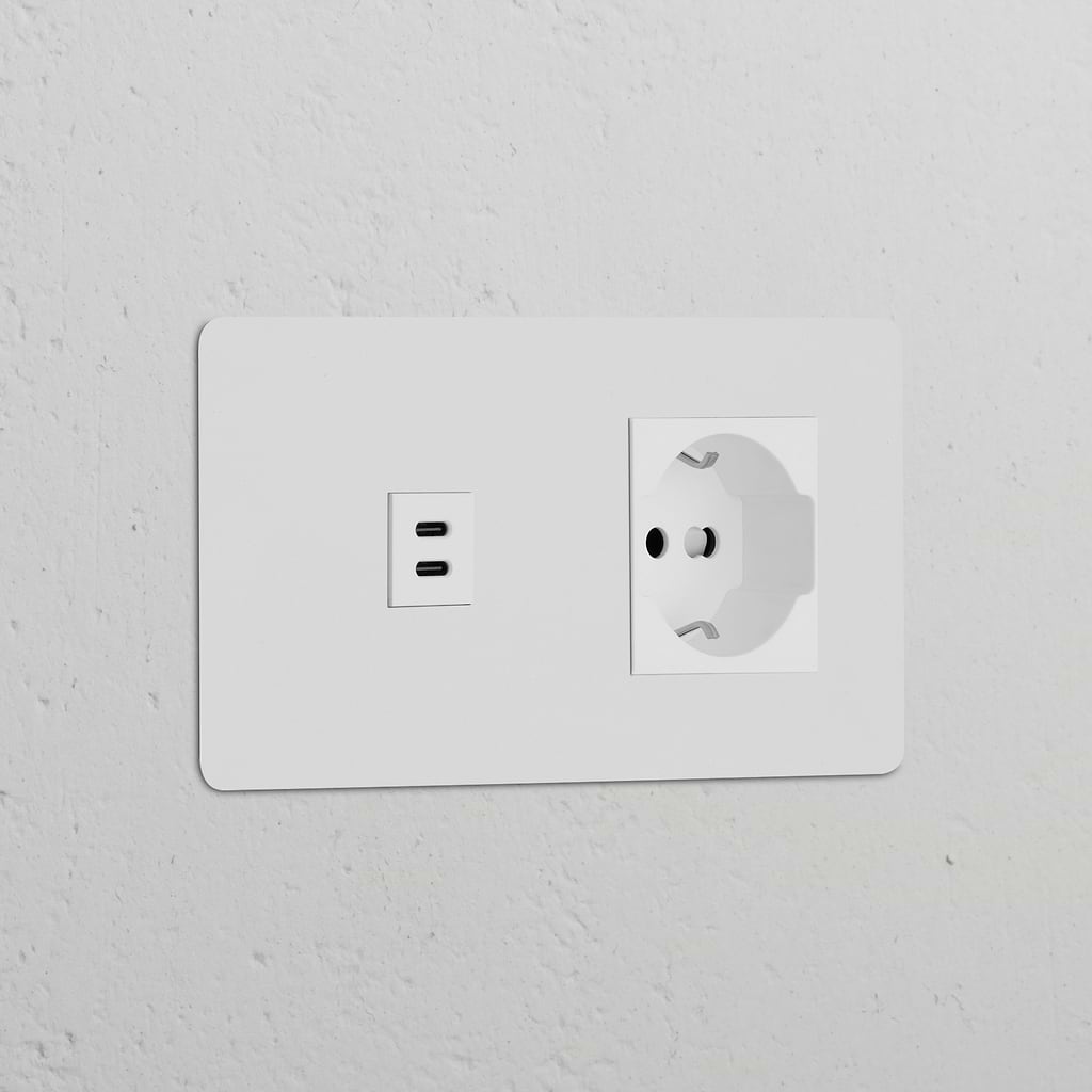 Double USB 30W & Schuko/Bipasso power module in paintable white, for double sockets and modules installations.
