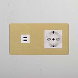 Double USB 30W & Schuko/Bipasso Module - Antique Brass White