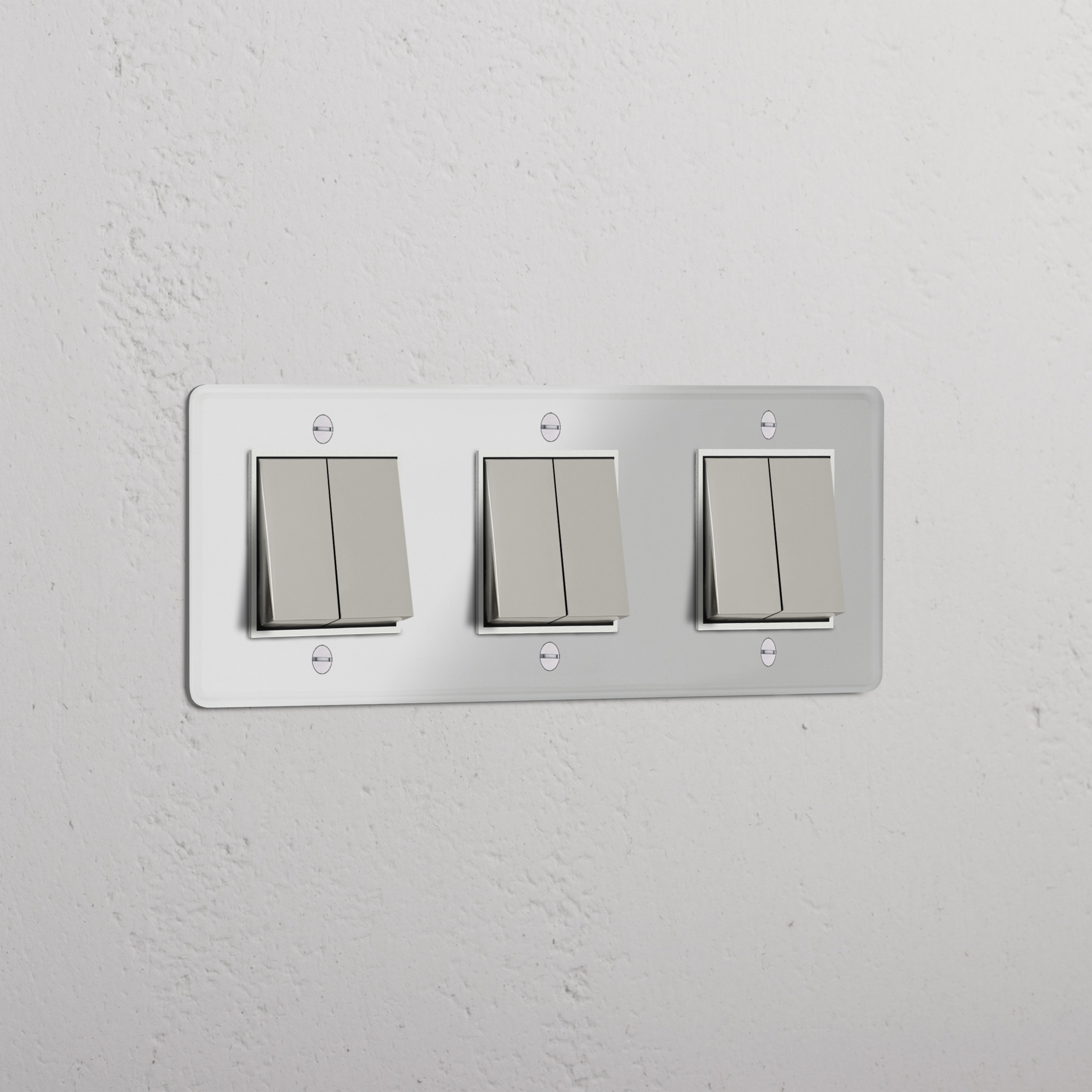 Six-Function Triple Rocker Switch in Clear Polished Nickel White - Comprehensive Light Control Solution