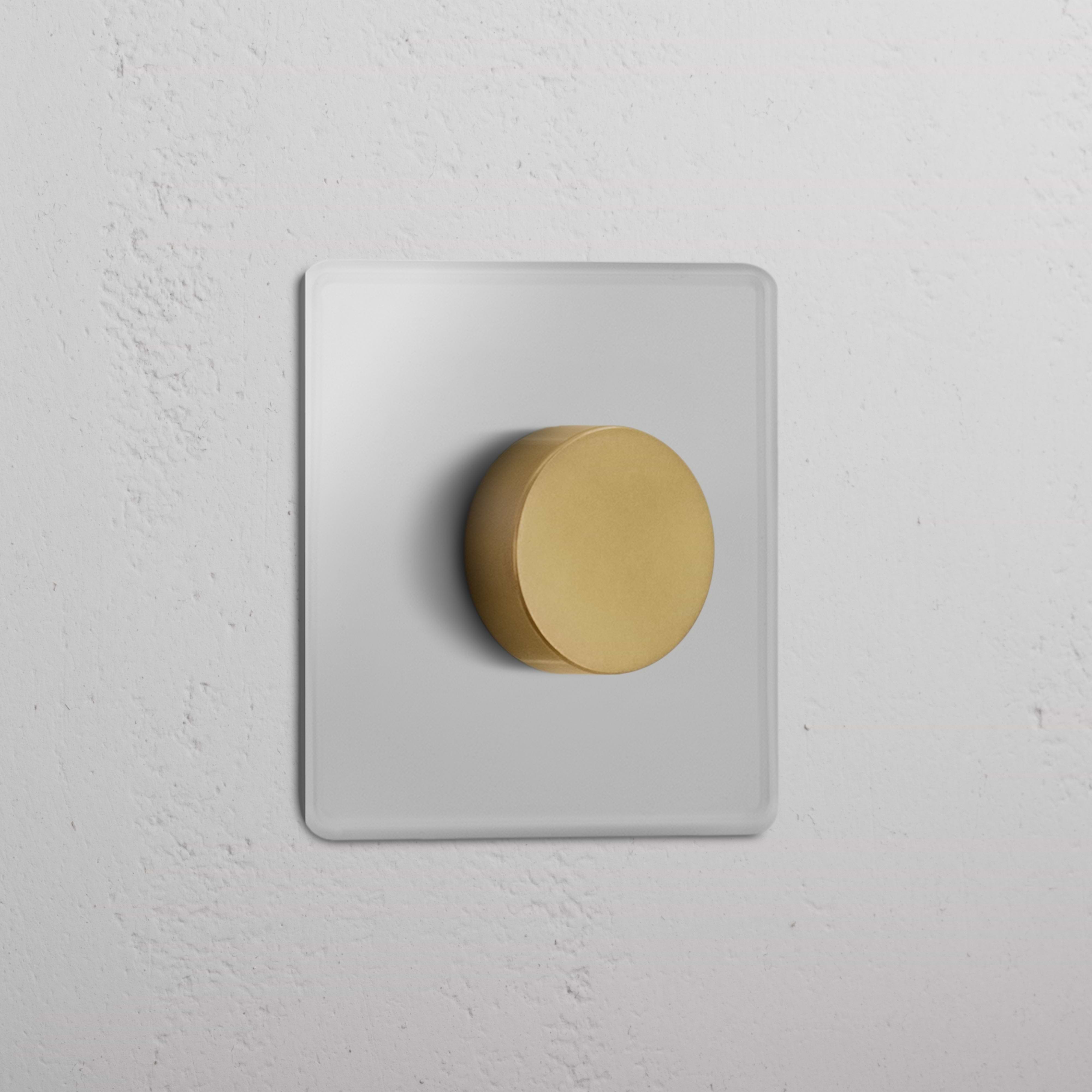 Single Multiway Dimmer Switch – Clear Antique Brass with round knob on square white plate, wall-mounted.