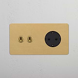 Double 2x Toggle & Schuko Module Round - Antique Brass Black  