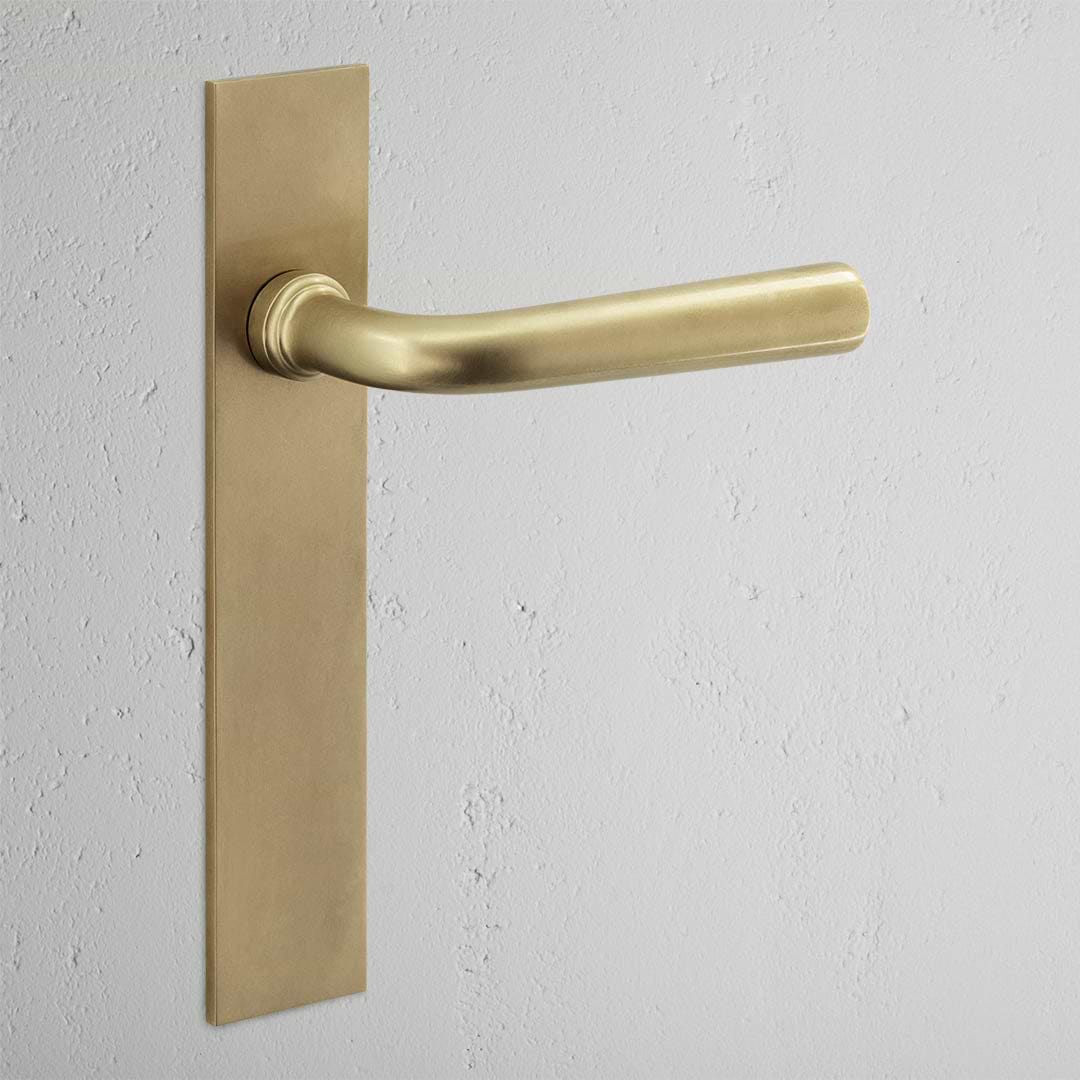 Apsley Long Plate Sprung Door Handle Antique Brass Finish on White Background