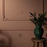 Single 2x toggle switch in paintable polished nickel on a decorative pink wall.