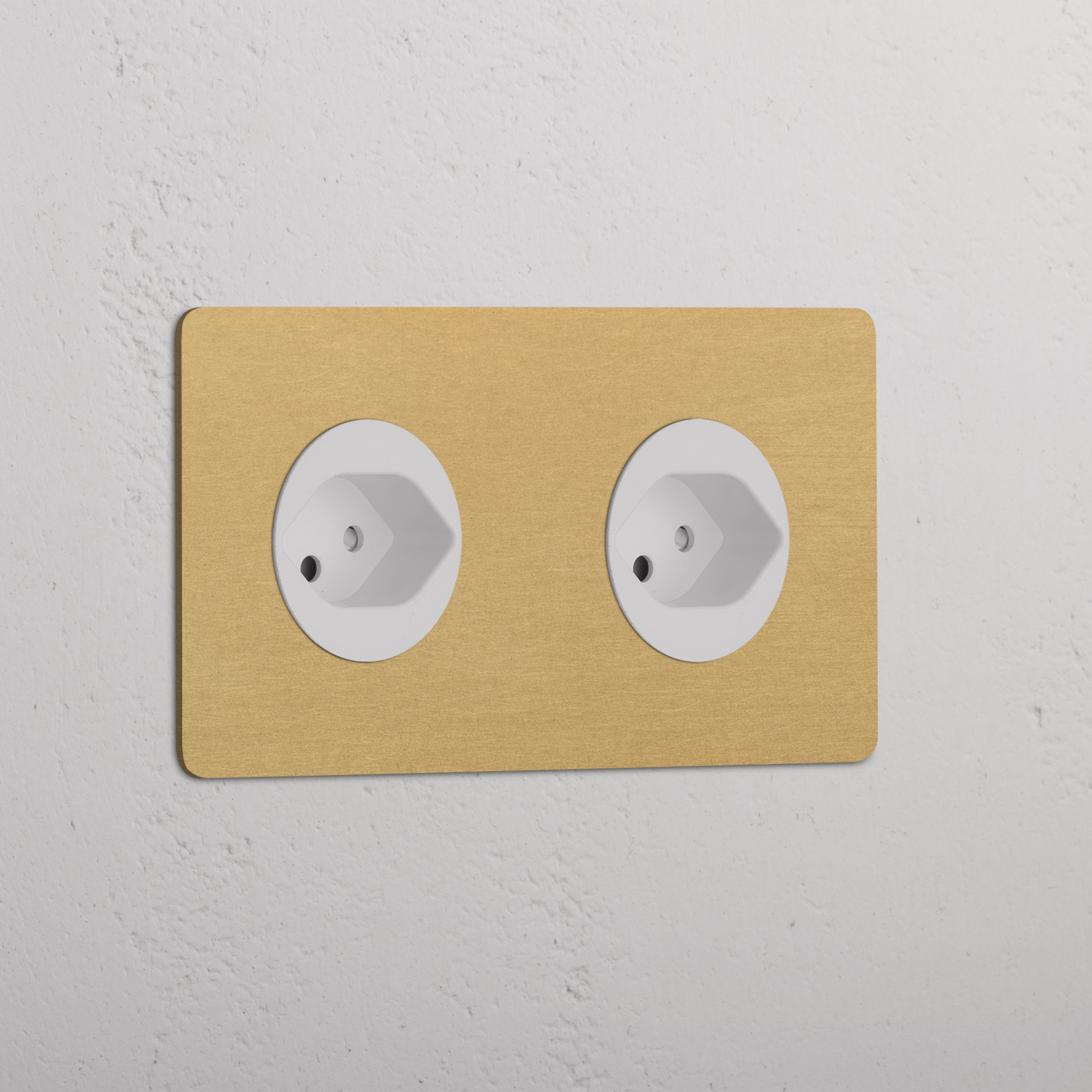 Double Swiss module round sockets with antique brass cover on a white wall, part of Double Sockets & Modules.