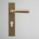Digby Long Plate Sprung Door Handle & Euro Lock Antique Brass Finish on White Background Front Facing