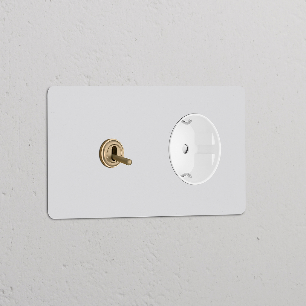 Double Toggle Switch & Schuko Type F Module on Round Plate, Paintable Antique Brass White Finish.