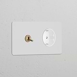 Double Toggle Switch & Schuko Type F Module on Round Plate, Paintable Antique Brass White Finish.
