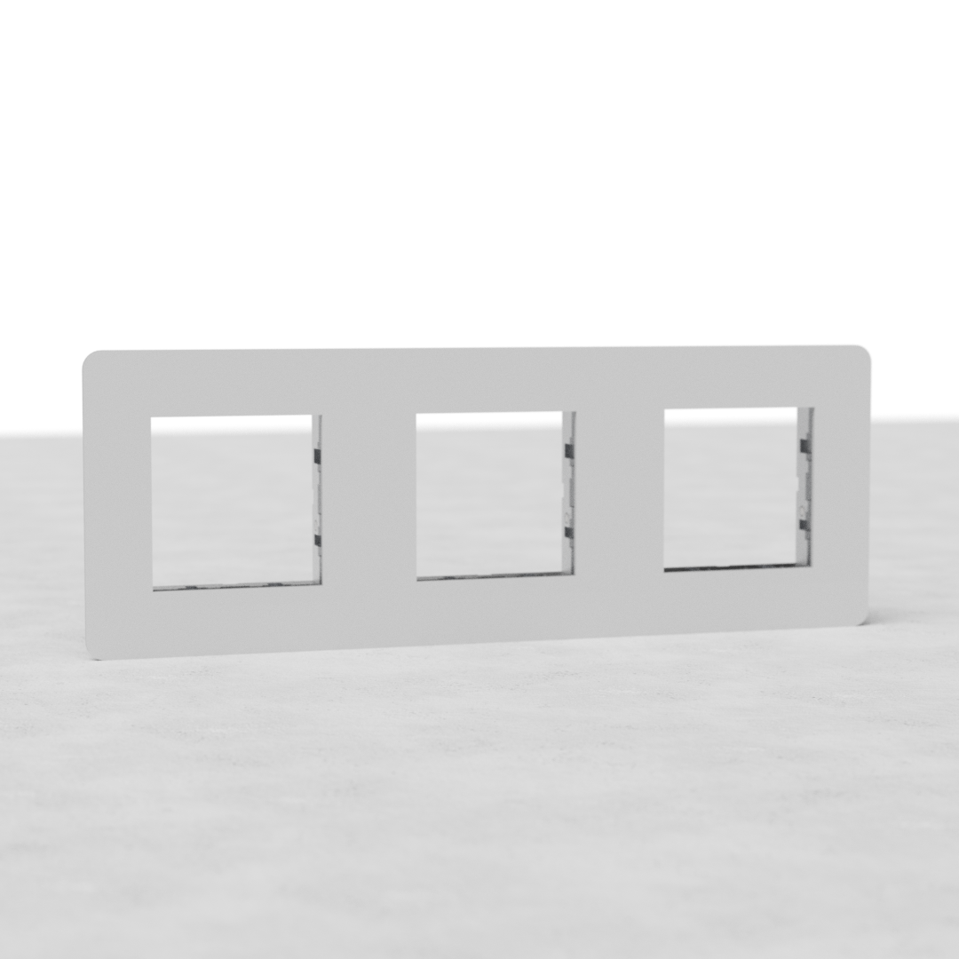 Triple 45mm EU paintable switch plate with three empty rectangular slots, aligned horizontally on a light surface.