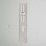 Harper T-Bar Long Plate Sprung Door Handle & Euro Lock Polished Nickel Finish on White Background right Facing Front View