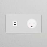 Double USB 30W & Danish Type K Power Module, round paintable white socket with USB ports and standard outlet.
