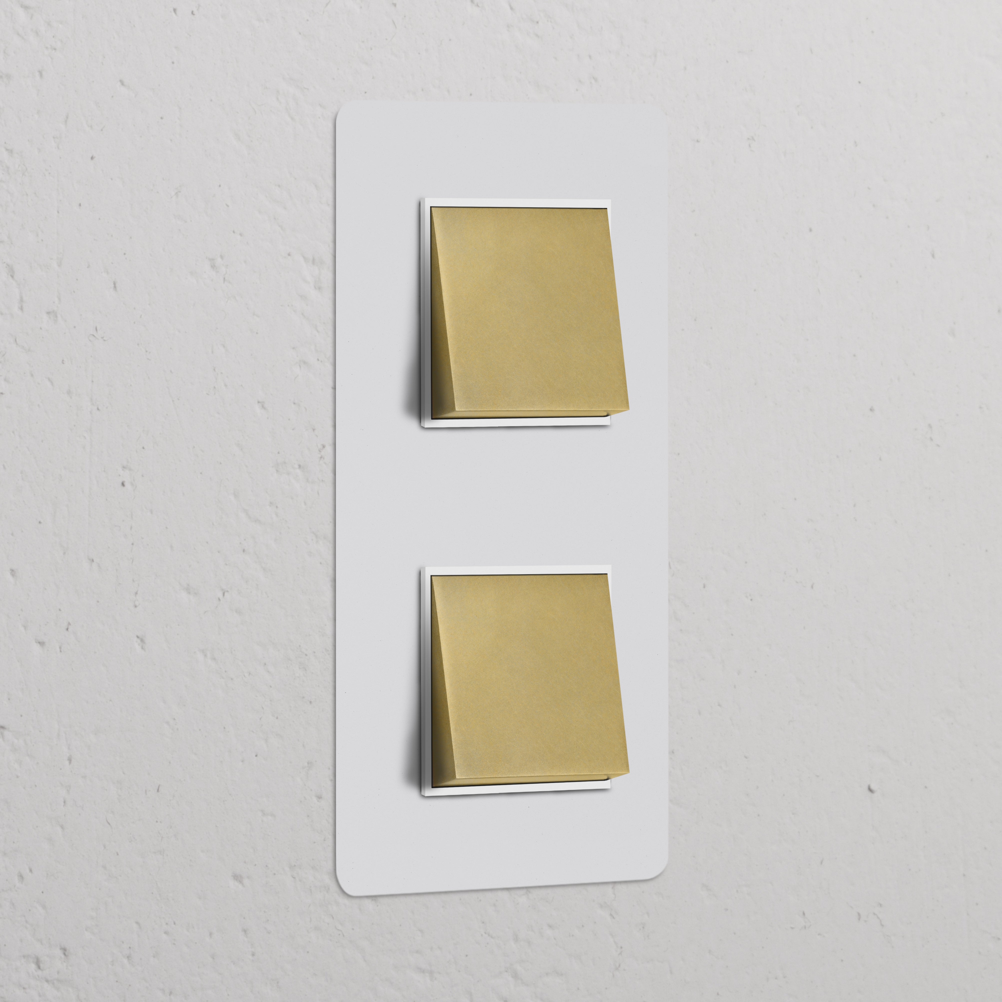 Double 2x vertical rocker switch in paintable antique brass on a white wall plate. Suitable for switches & dimmers.