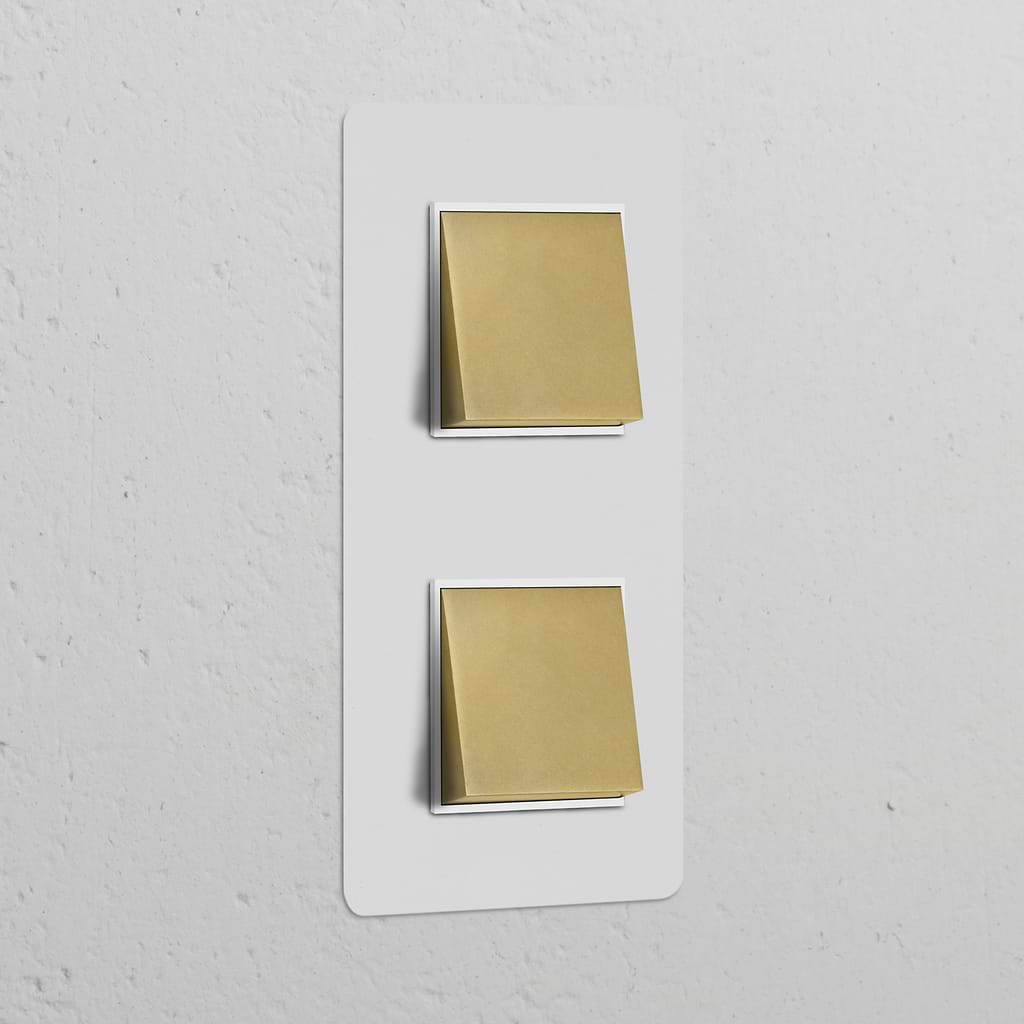 Double 2x vertical rocker switch in paintable antique brass on a white wall plate. Suitable for switches & dimmers.