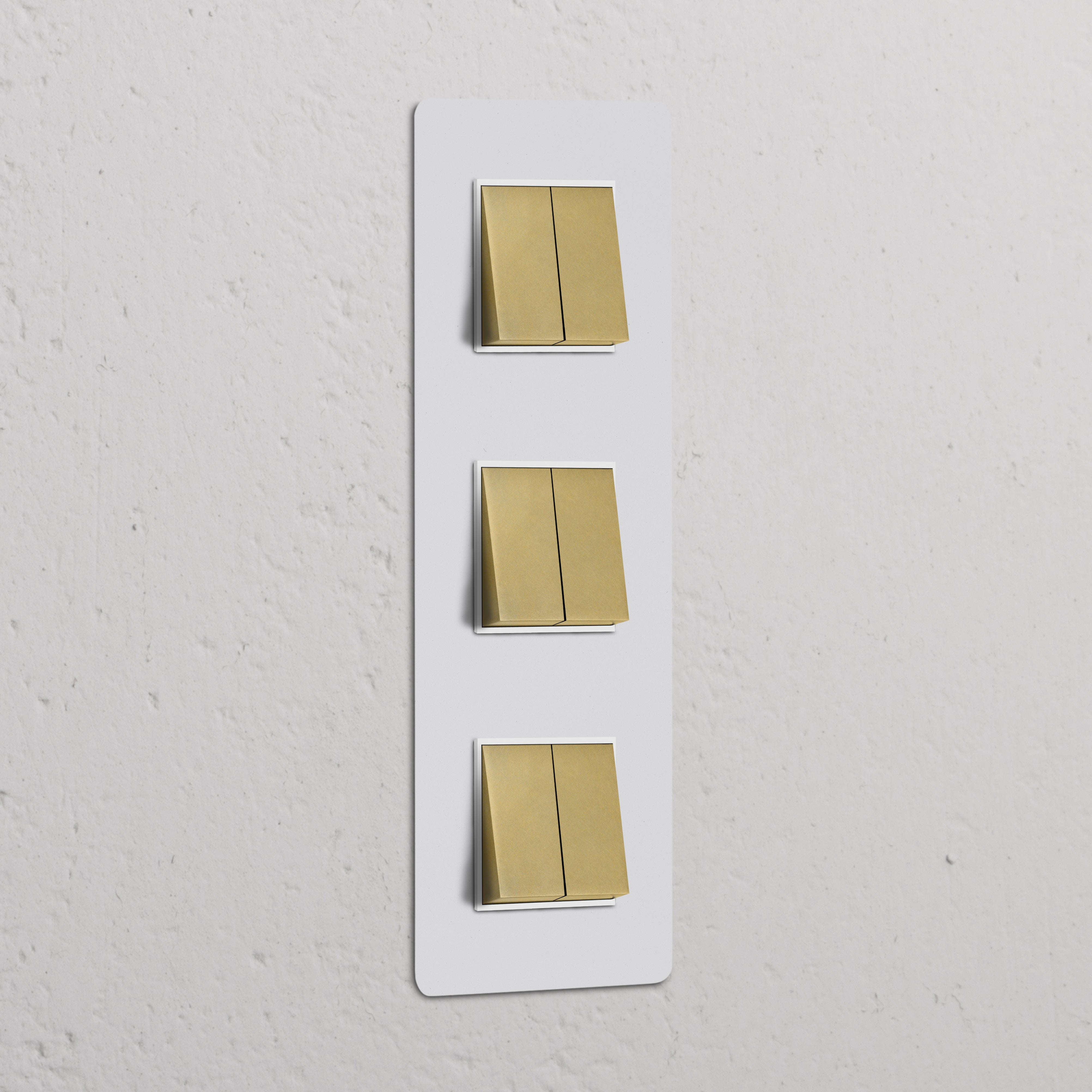 Triple 6x Vertical Rocker Switch in paintable antique brass white finish on a white panel, for switches & dimmers.