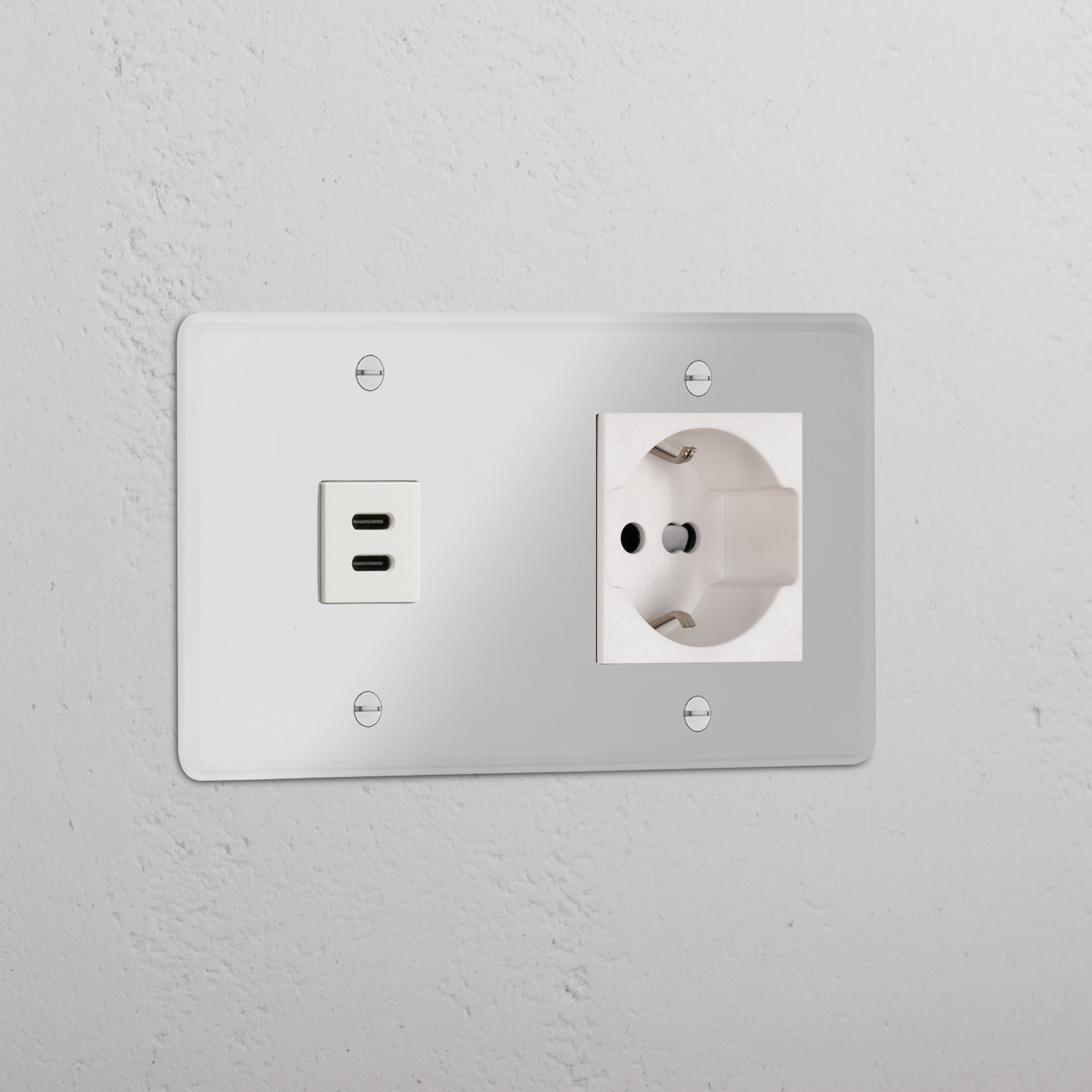 Clear White Double USB 30W Schuko/Bipasso Module with dual socket for versatile connectivity in one unit.