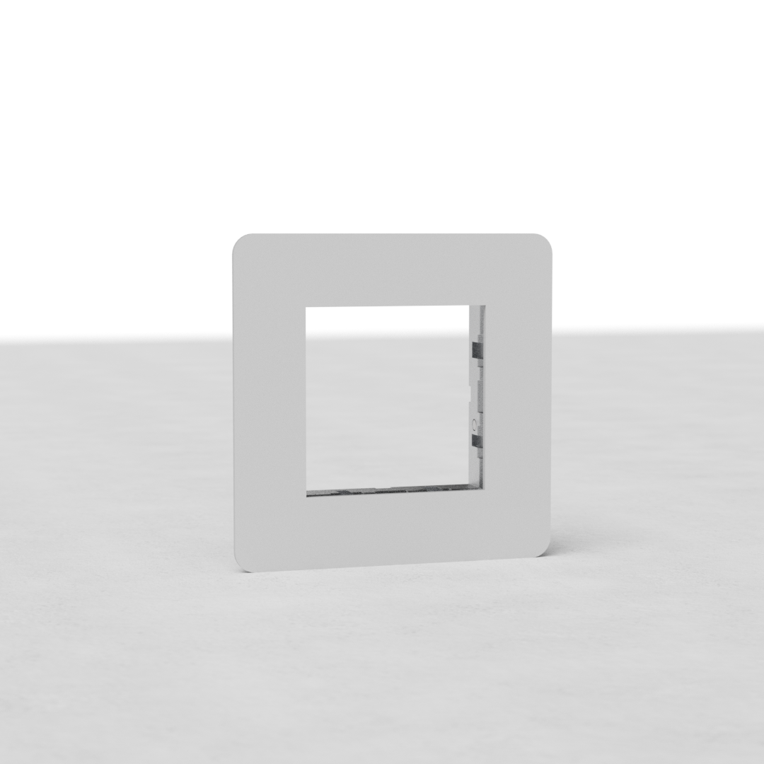 Single 45mm EU paintable switch plate, square white frame, on light surface.