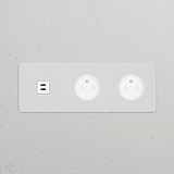 Paintable white module with two Type E sockets and triple USB 30W ports for power and charging needs.