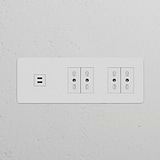Paintable white Triple USB 30W & 4x Bipasso Power Module for Triple Sockets & Modules on a textured white wall.