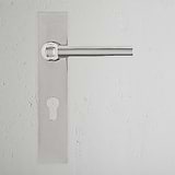 Harper Long Plate Sprung Door Handle & Euro Lock Polished Nickel Finish on White Background Front Facing