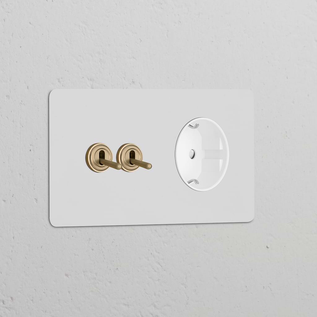Paintable antique brass double toggle switch with Schuko Type F module on a white background.