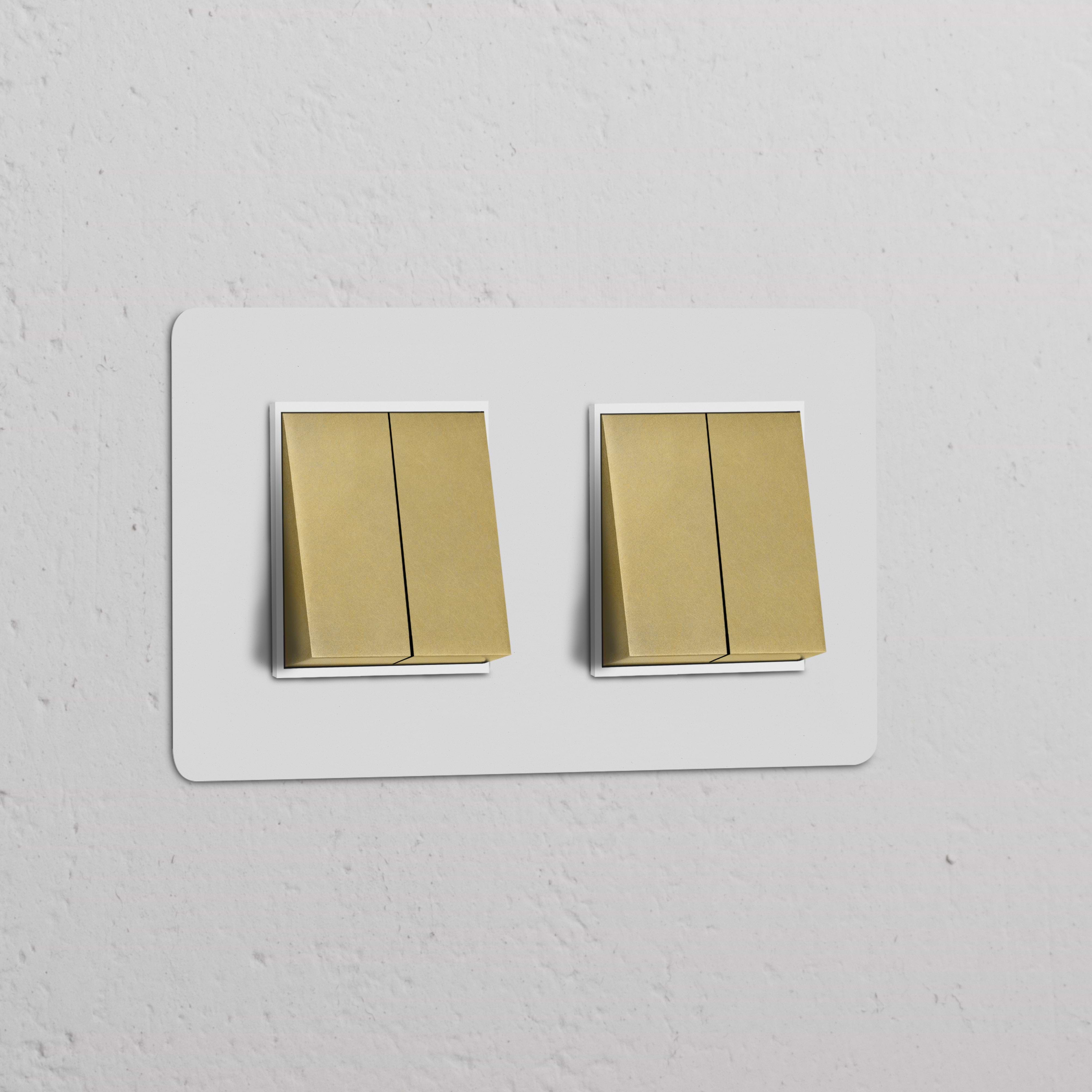 Paintable antique brass white double 4x rocker switch with two gold switches on a sleek white plate.