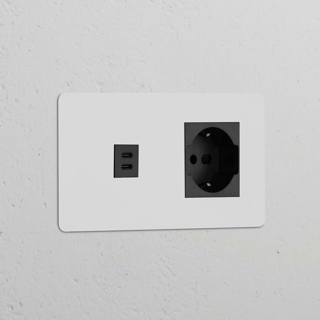 Paintable black module with double USB 30W & Schuko/Bipasso power sockets for versatile European use.