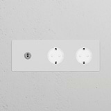 Triple toggle switch with 2 Schuko Type F power modules, paintable polished nickel white finish.