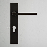 Clayton Long Plate Sprung Door Handle & Euro Lock Bronze Finish on White Background Front Facing