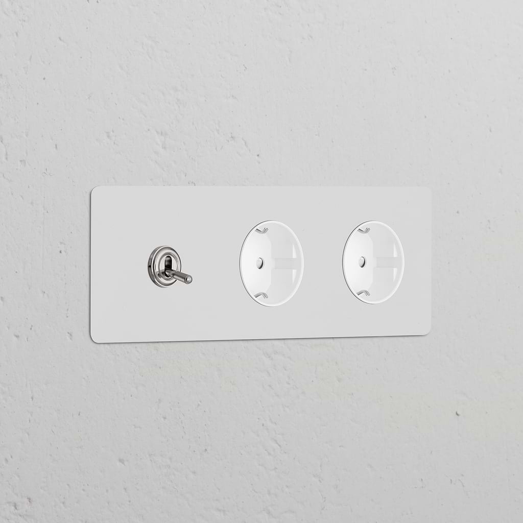 Triple socket with triple toggle switch, 2 Schuko Type F modules, polished nickel white, paintable finish.