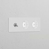 Triple socket with triple toggle switch, 2 Schuko Type F modules, polished nickel white, paintable finish.
