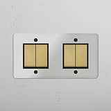 Elegant Double Rocker Switch with 4 Positions in Clear Antique Brass Black on White Background