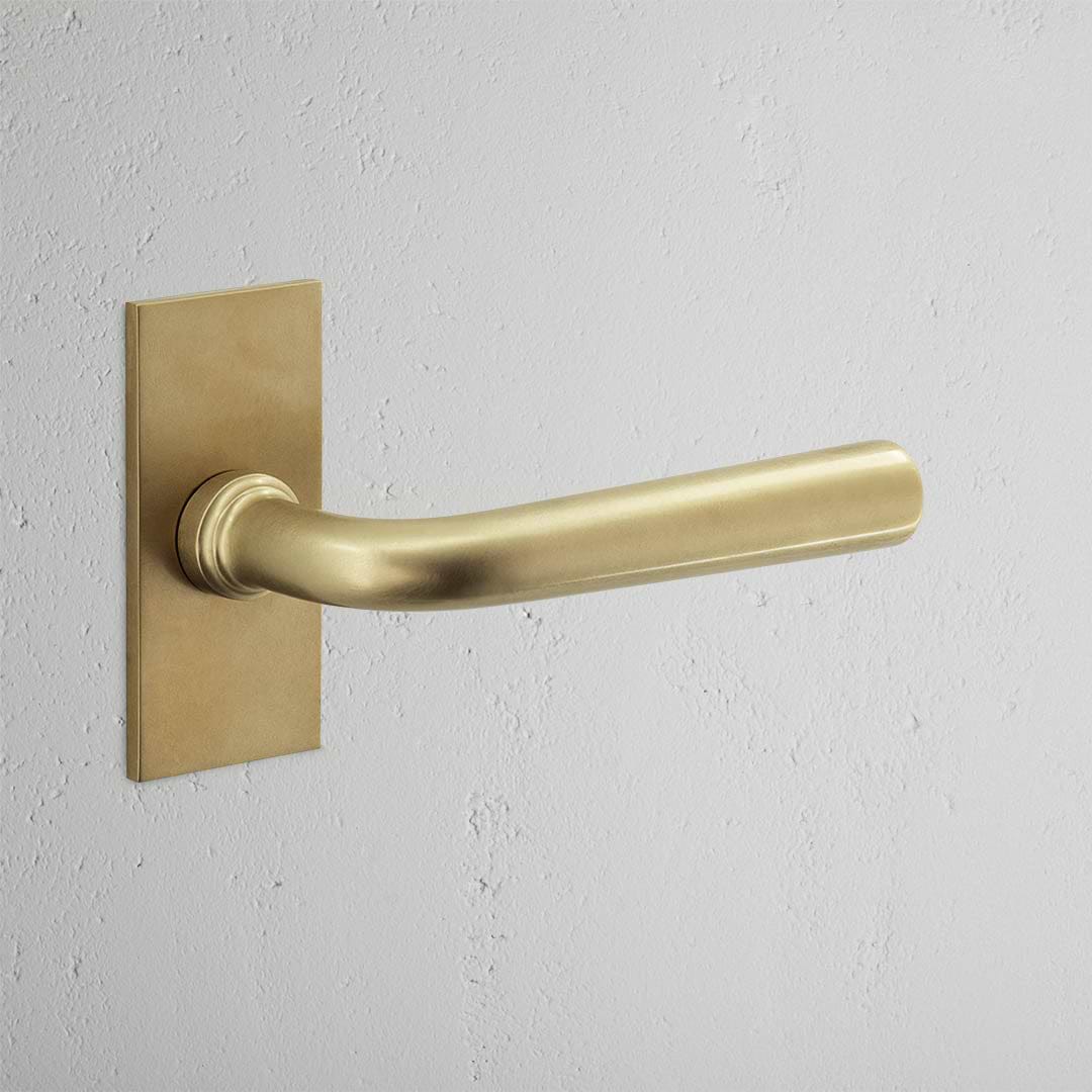 Apsley Short Plate Sprung Door Handle Antique Brass Finish on White Background