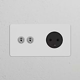 Double 2x toggle switch with Danish Type K power module, round, in paintable polished nickel and black finish.