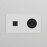 Paintable black wall plate with Double USB 30W and Danish Type K power module, round sockets for charging.