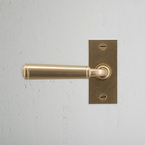 Digby Short Plate Fixed Door Handle Antique Brass Finish on White Background right Facing Front View