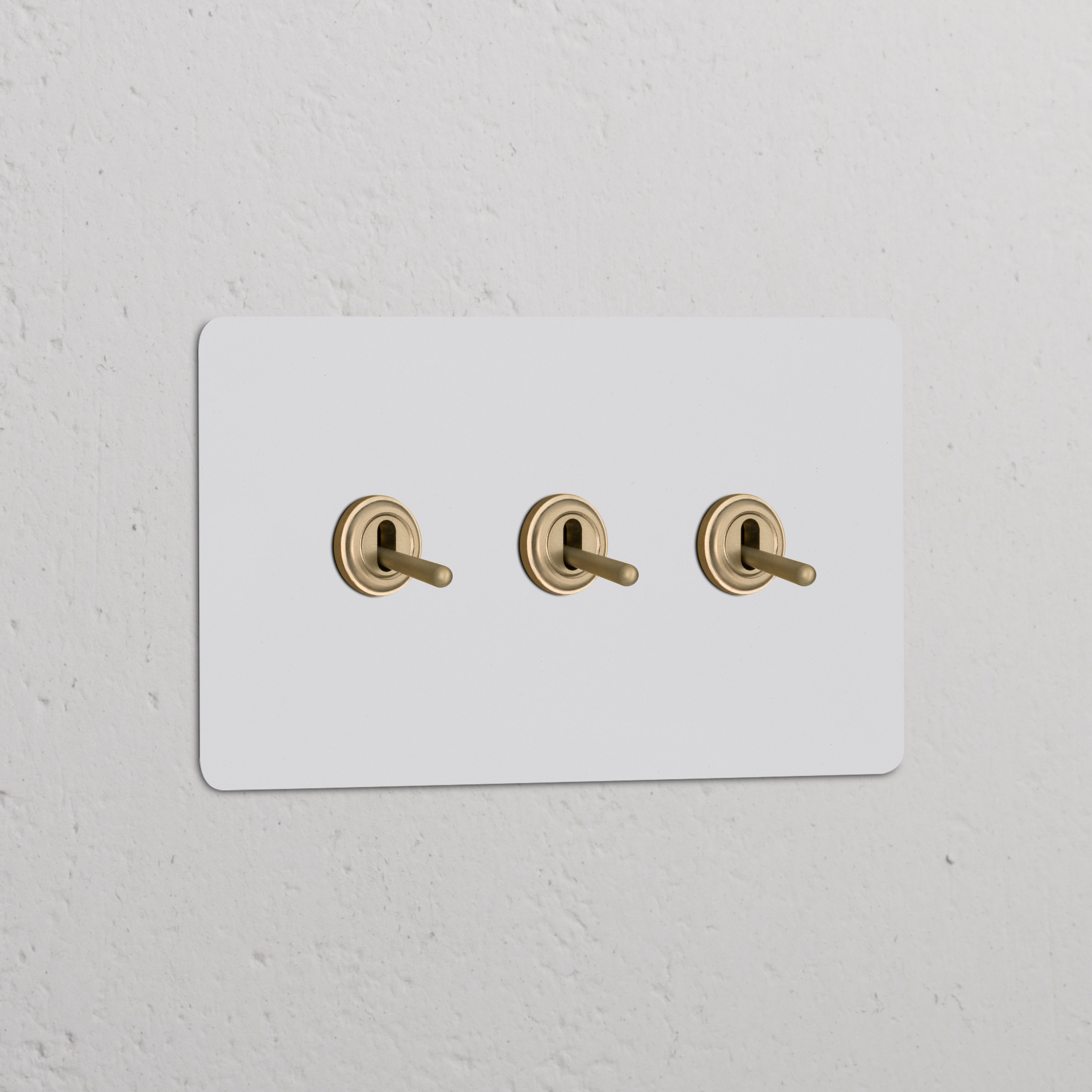 Double 3x toggle switch on a paintable antique brass panel for double switches & dimmers.