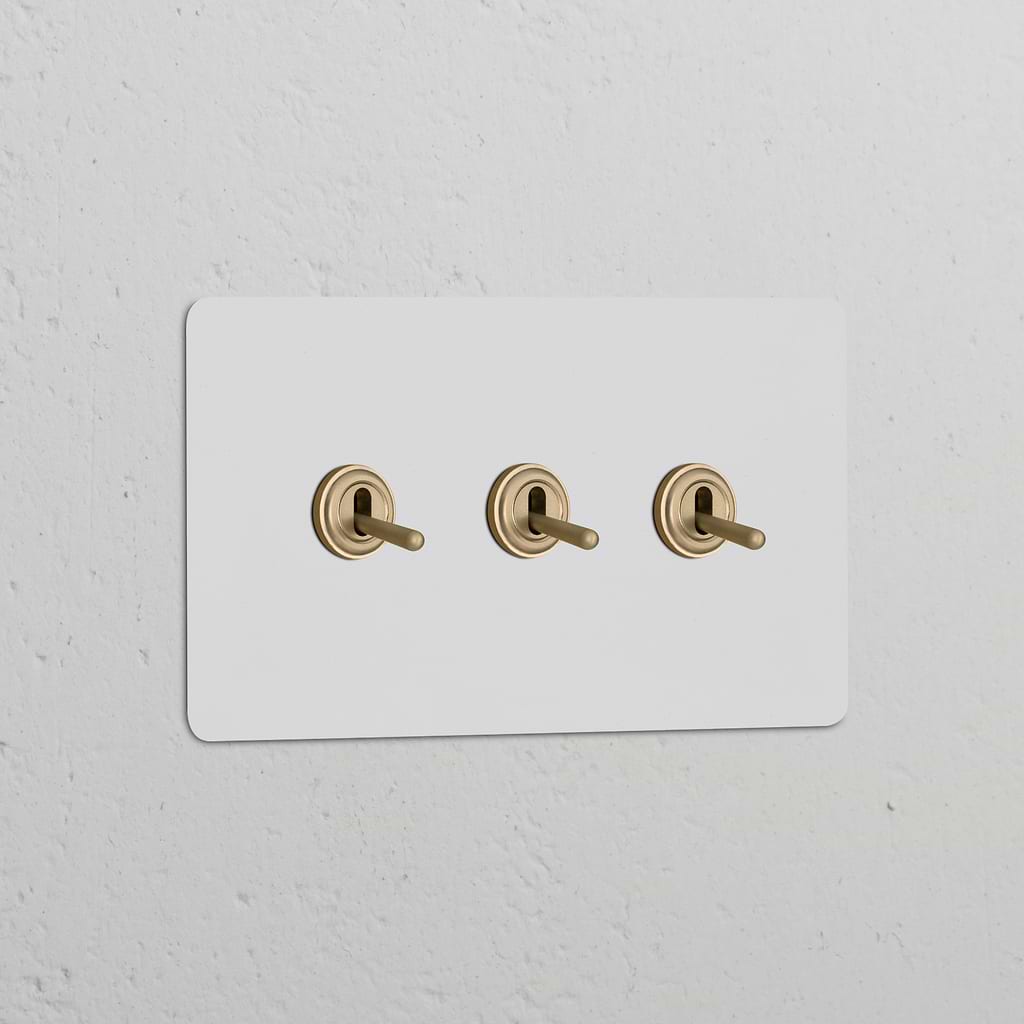Double 3x toggle switch on a paintable antique brass panel for double switches & dimmers.