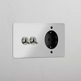 Double 2x Toggle & Schuko Module Round - Clear Polished Nickel Black 