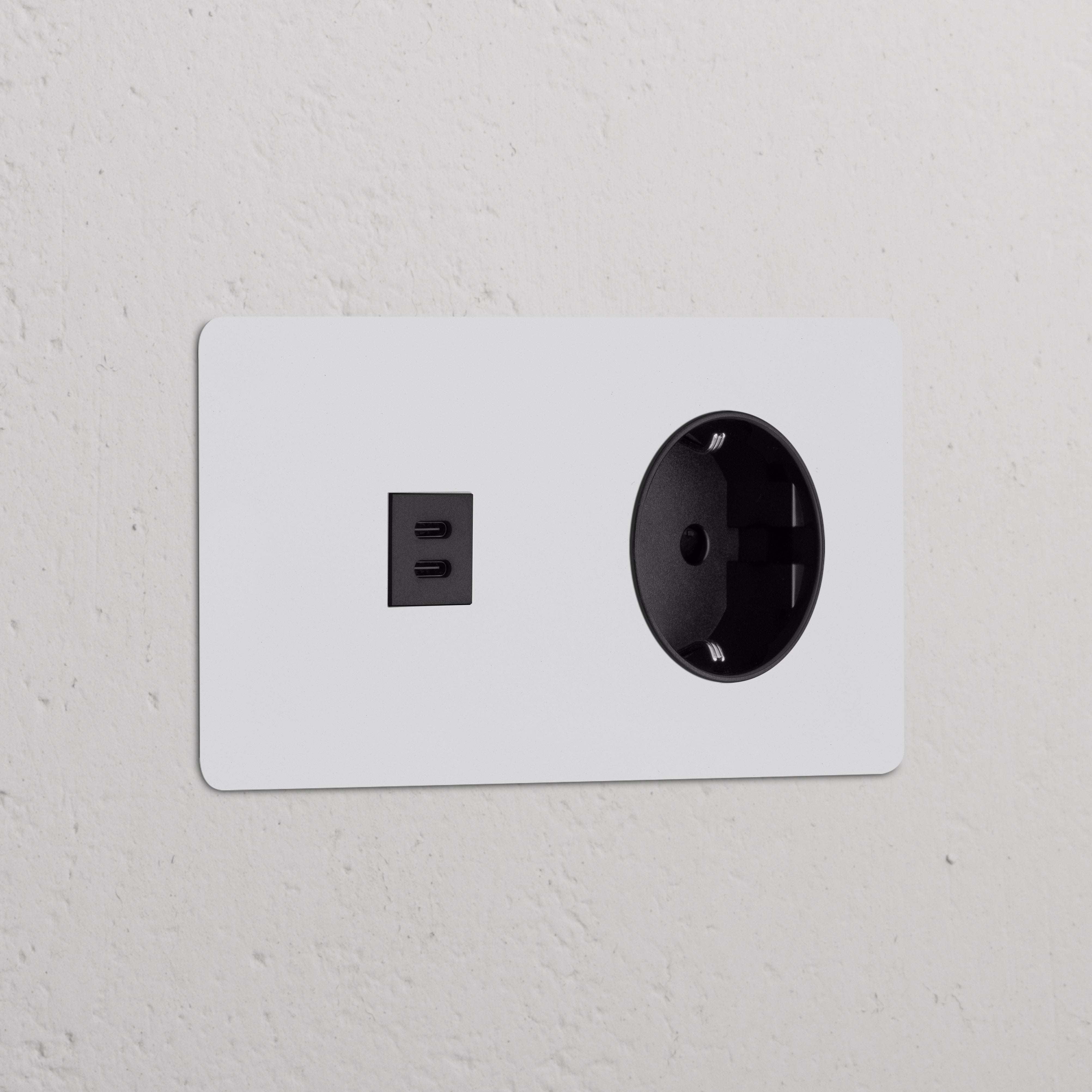 Paintable black module with double USB 30W and Schuko Type F power sockets, round design.