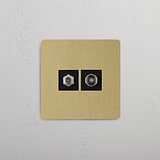 Two-Connection Single Satellite & TV Module, Antique Brass Black on White Background
