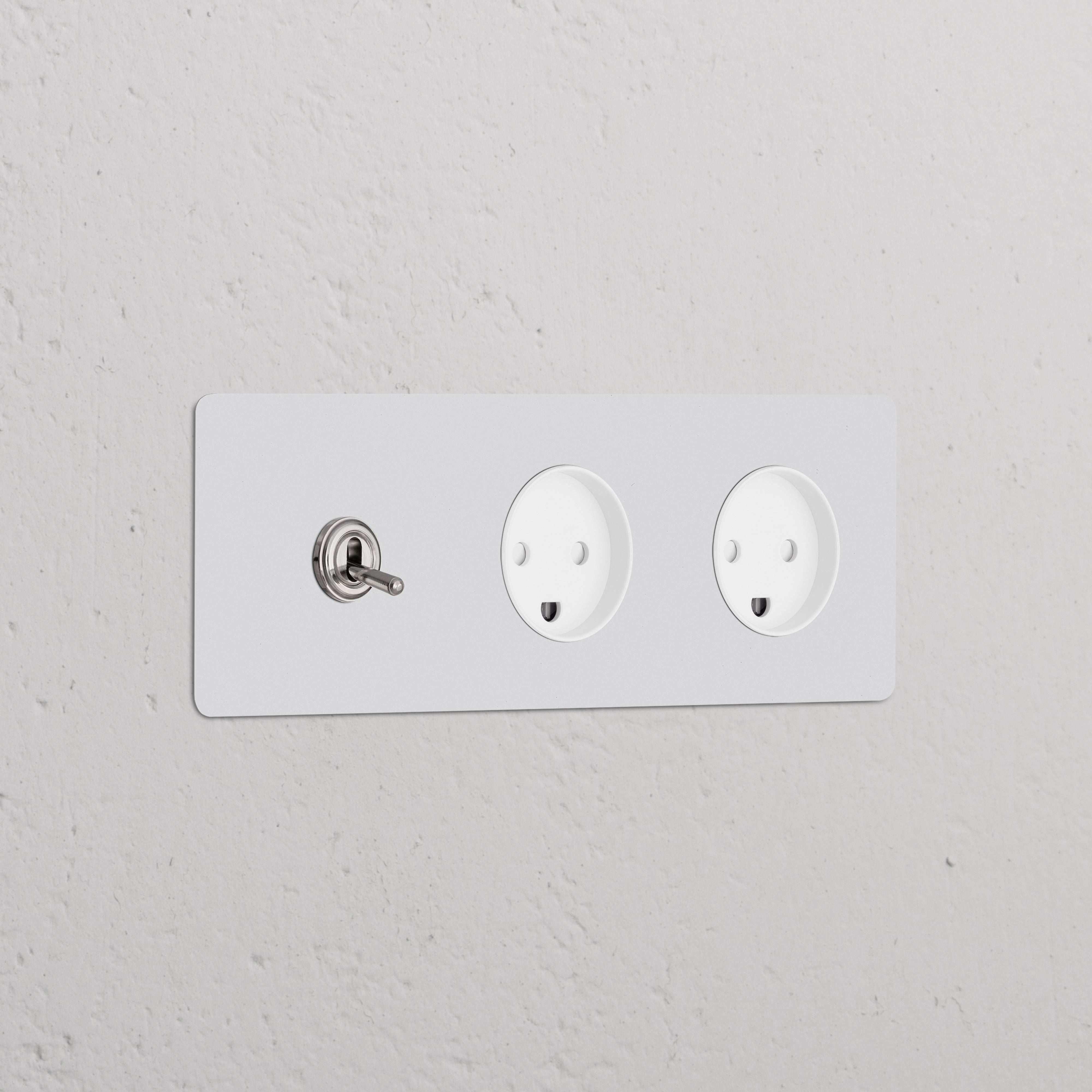 Triple toggle switch with 2 Danish Type K modules in paintable polished nickel white for triple sockets & modules.