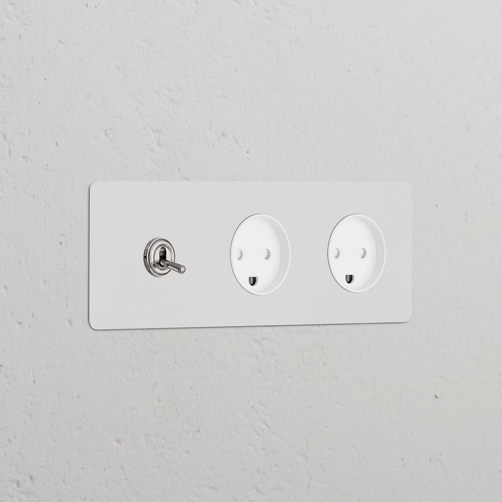 Triple toggle switch with 2 Danish Type K modules in paintable polished nickel white for triple sockets & modules.