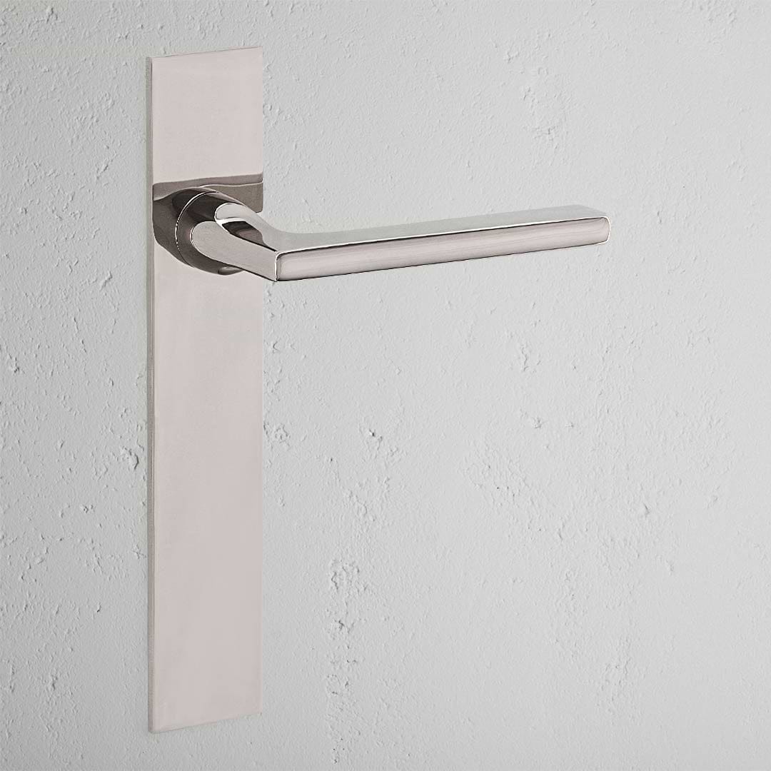 Clayton Long Plate Sprung Door Handle Polished Nickel Finish on White Background