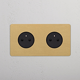 Double 2x French Power Socket Round - Antique Brass Black