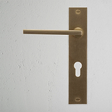 Clayton Long Plate Sprung Door Handle & Euro Lock Antique Brass Finish on White Background right Facing Front View