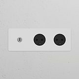 Triple Toggle Switch + 2x Danish Type K Power Modules with polished nickel black finish on a sleek white surface.