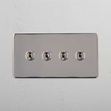 High Capacity Quad Control Toggle Switch on White Background: Polished Nickel Double 4x Toggle Switch