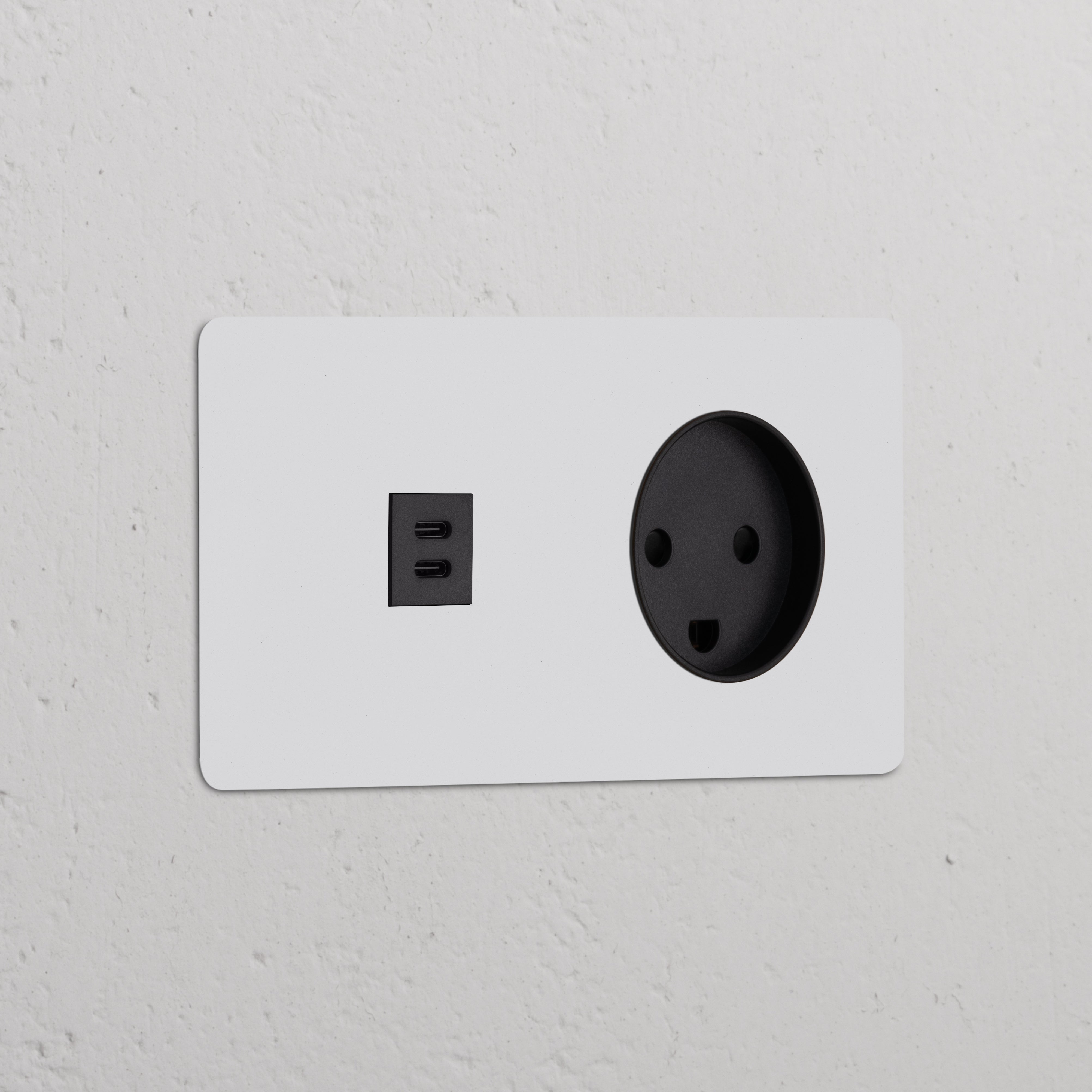 Round black Danish Type K module, Double USB 30W sockets, paintable finish for versatile décor matching.