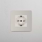 Single Schuko/Bipasso Module Polished Nickel White Finish on White Background Front Facing