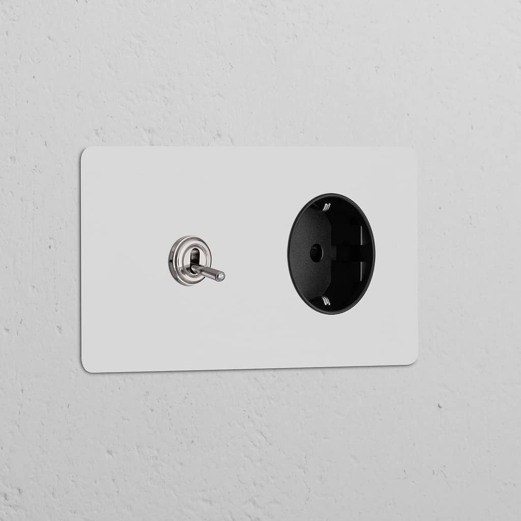 Double toggle switch and Schuko Type F power module in paintable polished nickel black on a white wall.