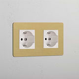 Double 2x Schuko/Bipasso Module - Antique Brass White